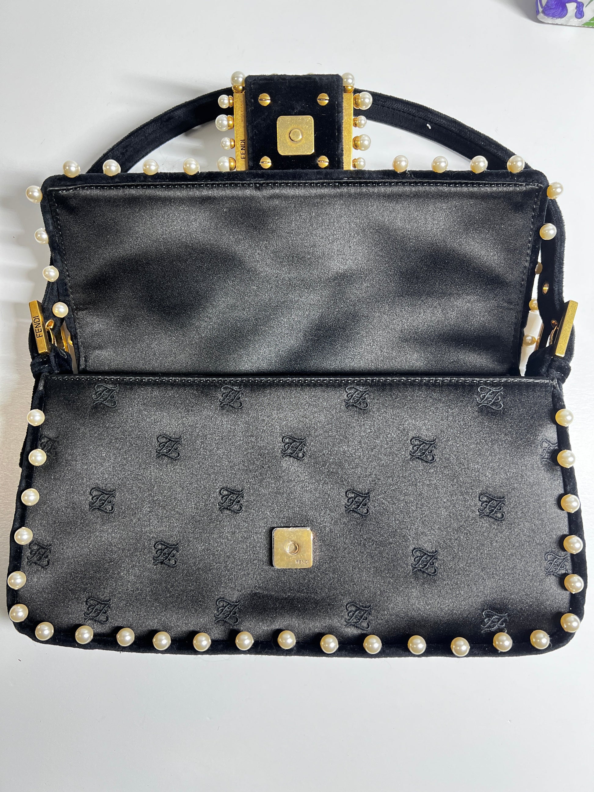 Fendi 15th anniversary satin pearl velvet baguette