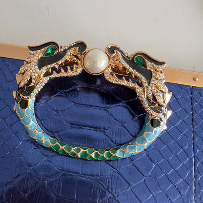 Vintage Gucci Metalic Blue Python Dragon Head Clutch