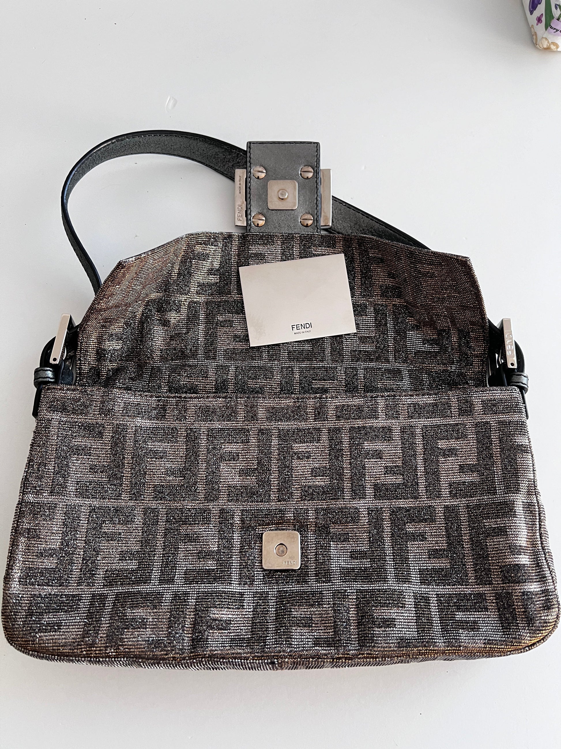 Fendi silver shimmering zucca baguette