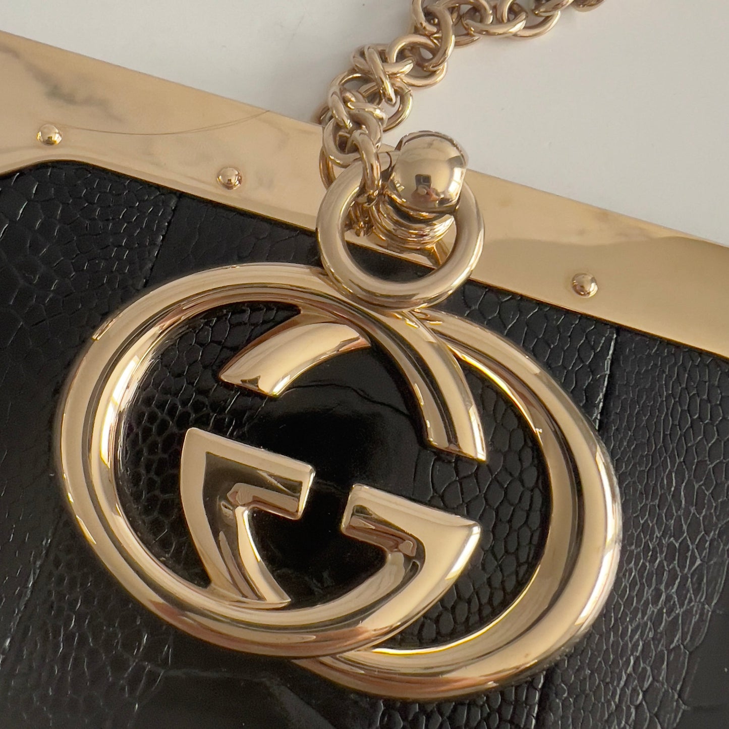 Gucci Britt Bag Black Ostrich Leg GG Cuff Clutch