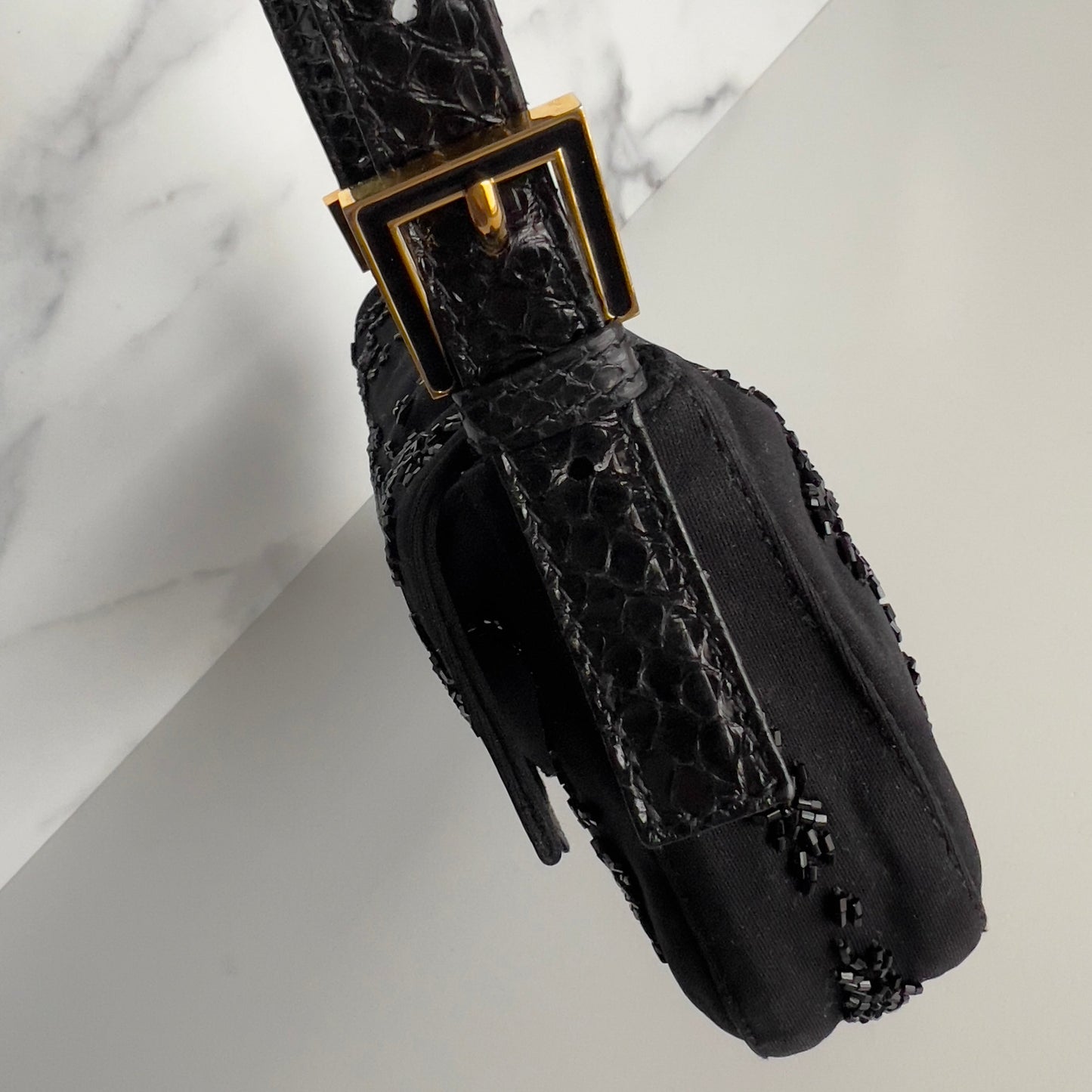 Vintage Fendi Black Embroidered Beads Cloth Baguette