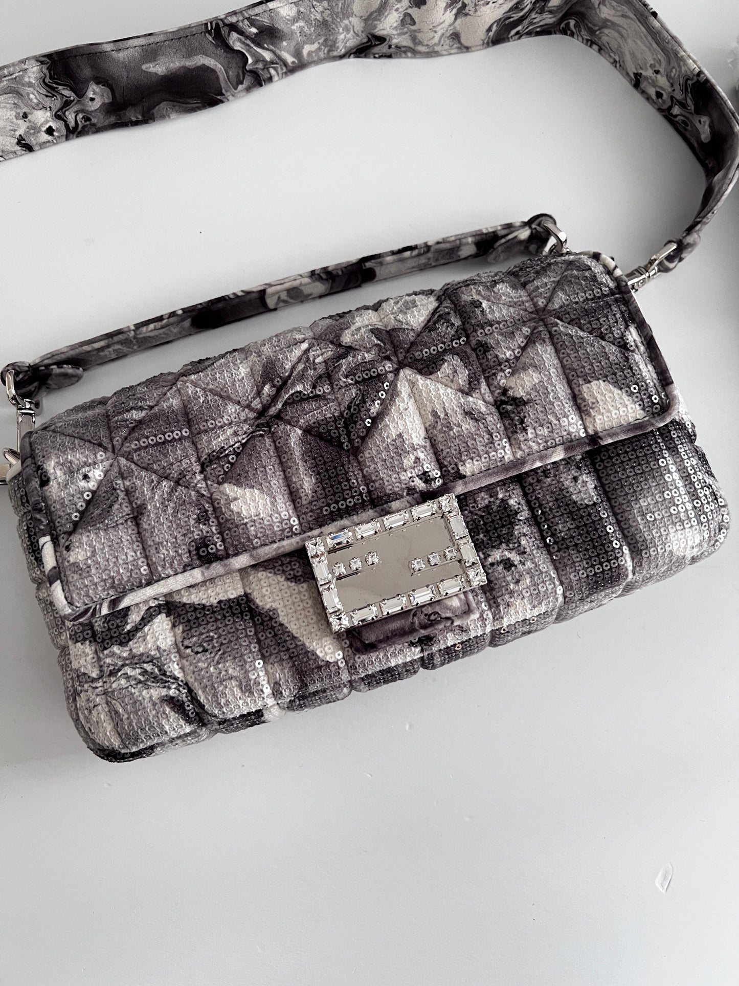 Fendi marble print sequin magnetic buckle baguette