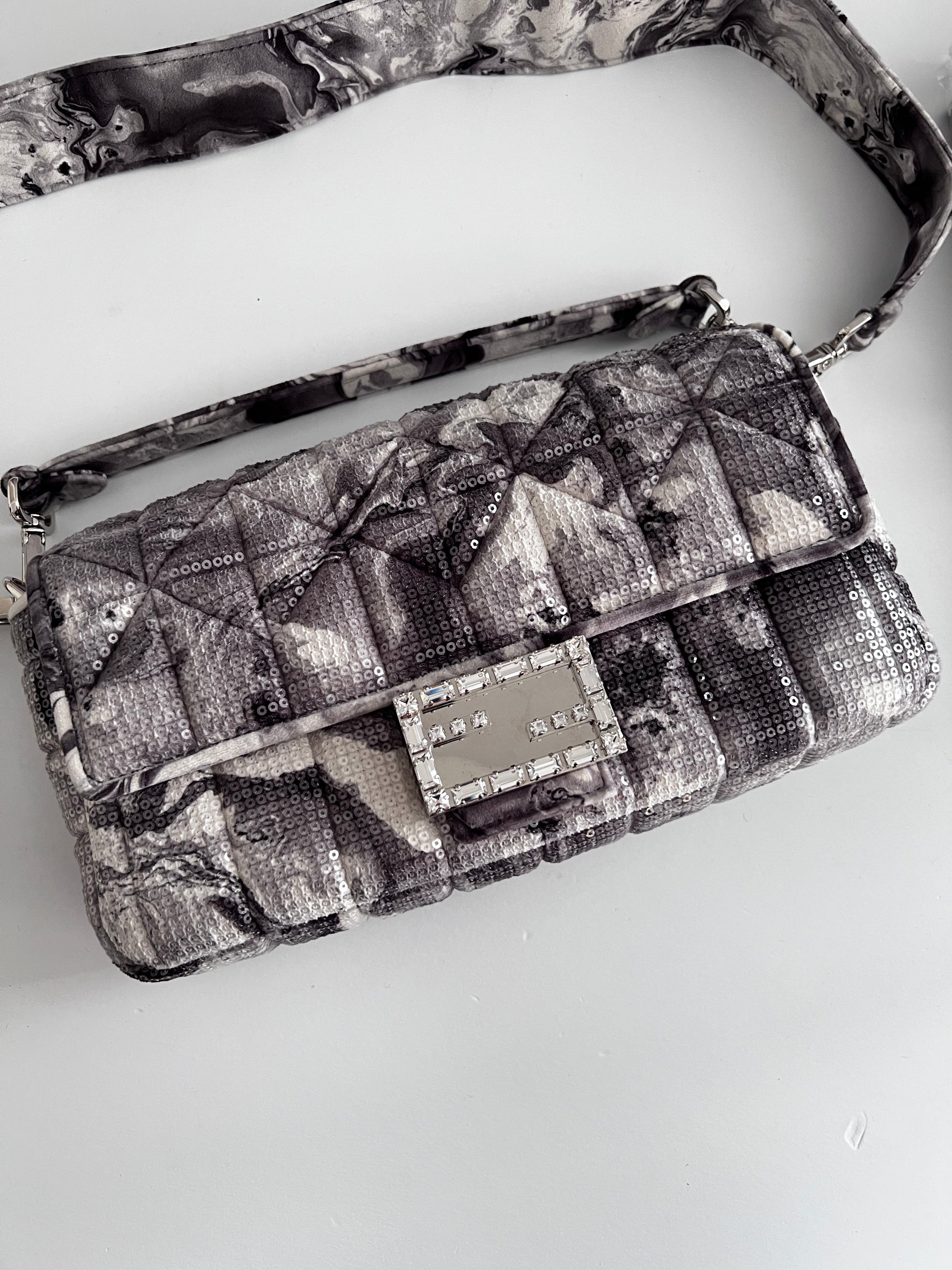 Fendi marble print sequin magnetic buckle baguette