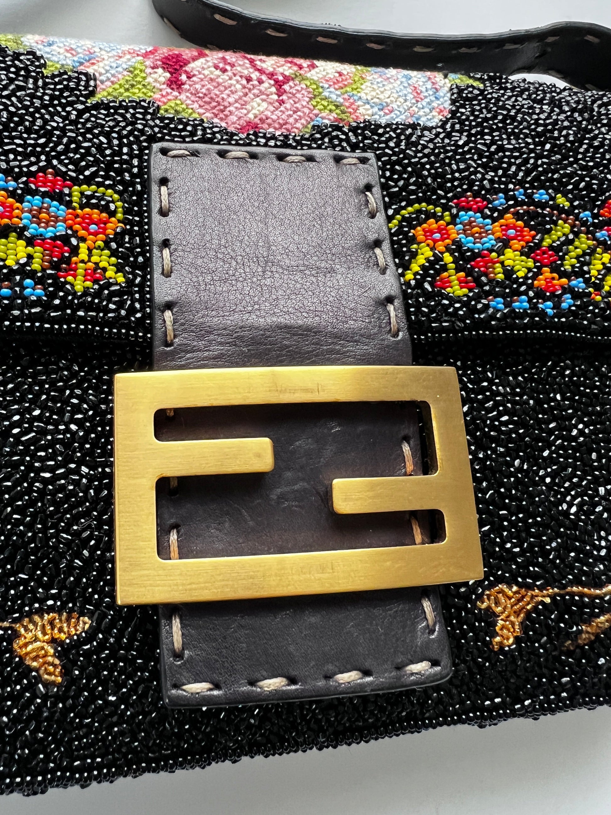 Pre-owned Rare Fendi cross stitch floral pattern beaded baguette