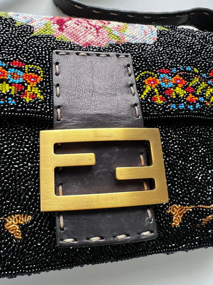 Pre-owned Rare Fendi cross stitch floral pattern beaded baguette