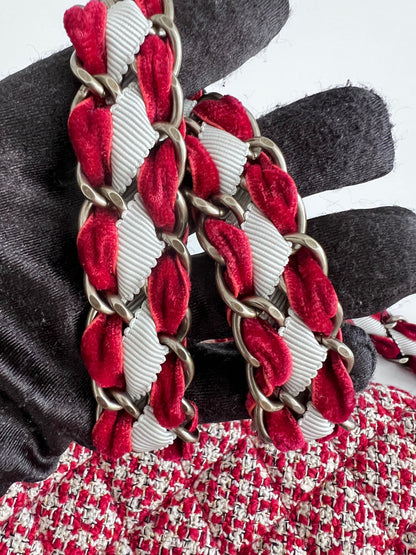 Chanel red velvet chain double flap tweed bag