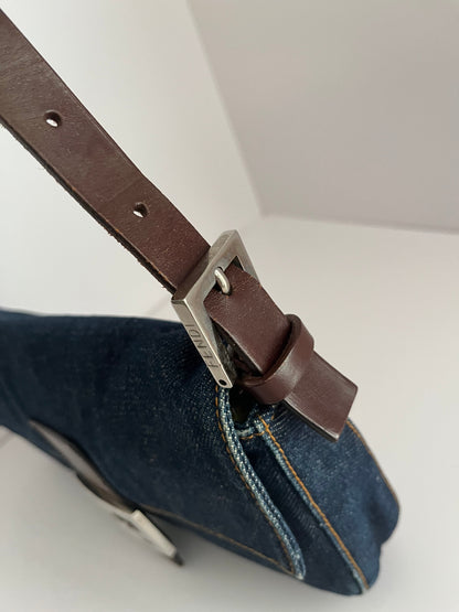 Fendi baguette blue jeans leather silver hardware shoulder bag