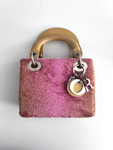 Dior pink sequin mini lady dior bag
