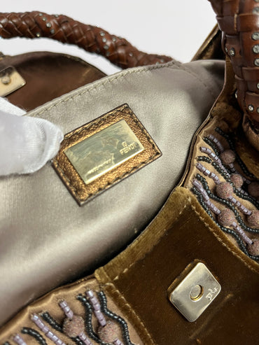 Fendi spy brown glitter leather handle bag