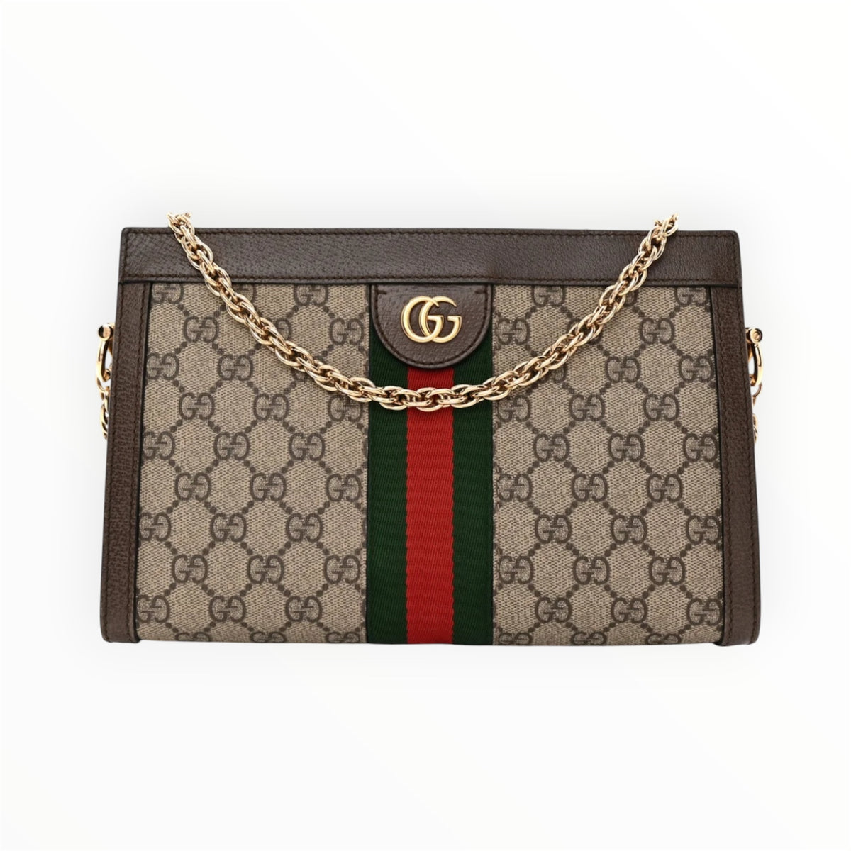 A- GUCCI GG Supreme Monogram Web Small Ophidia Chain Shoulder Bag Brown
