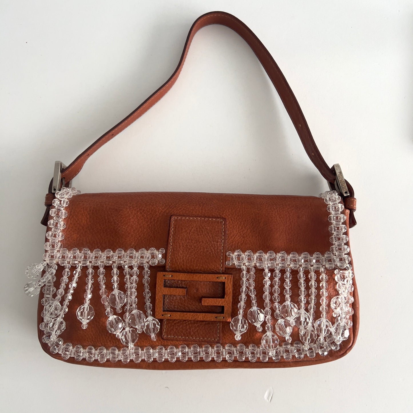 Vintage Crystal Fringe Leather Baguette