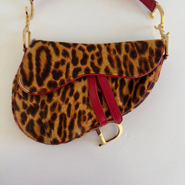 Vintage Christin Dior Pony Hair Leopard Saddle Bag Red
