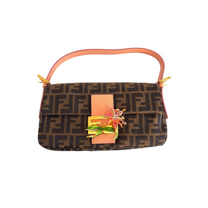 Vintage Fendi Enamel Flower Buckle Zucca Baguette