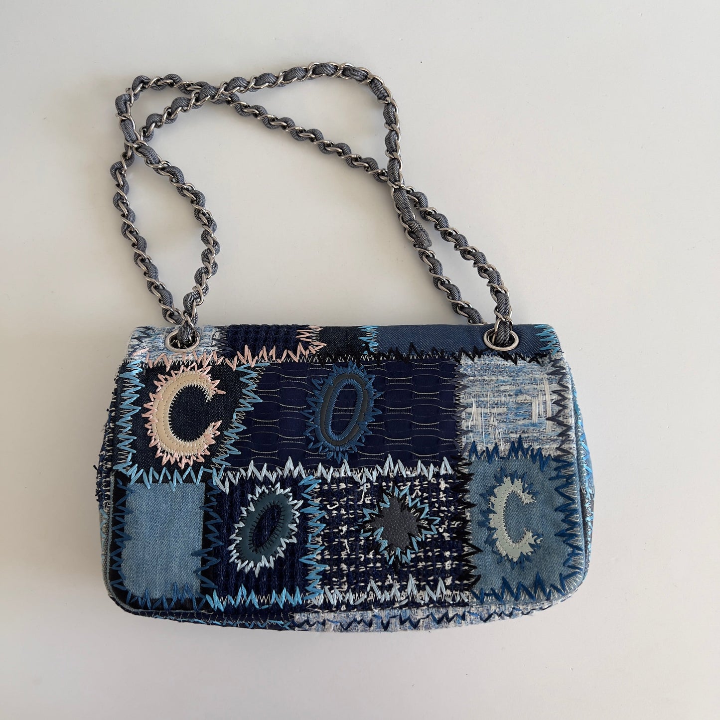 Chanel Multicolor Denim Coco Mark Patchwork Chain Shoulder Bag Medium