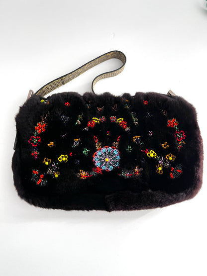 Fendi rabbit fur floral embroidery beaded baguette