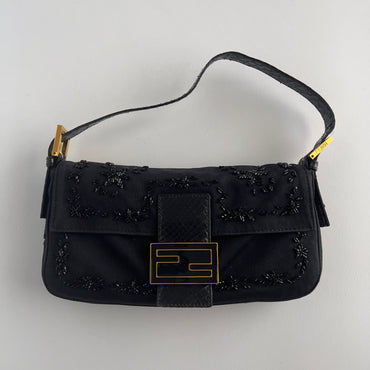 Vintage Fendi Black Embroidered Beads Cloth Baguette