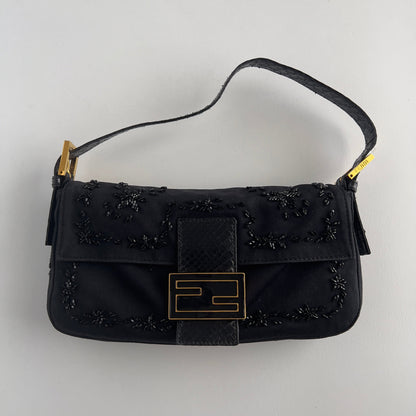 Vintage Fendi Black Embroidered Beads Cloth Baguette