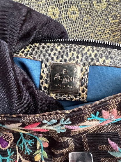 Vintage Fendi embroidered lizard skin trimmed zucca baguette