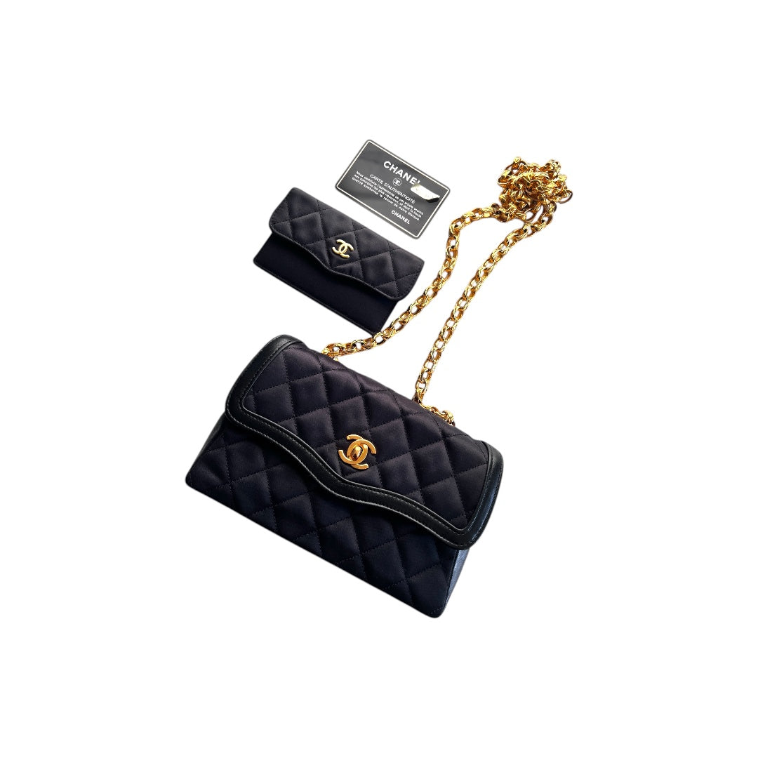 Vintage Chanel satin & leather flap bag with card holder