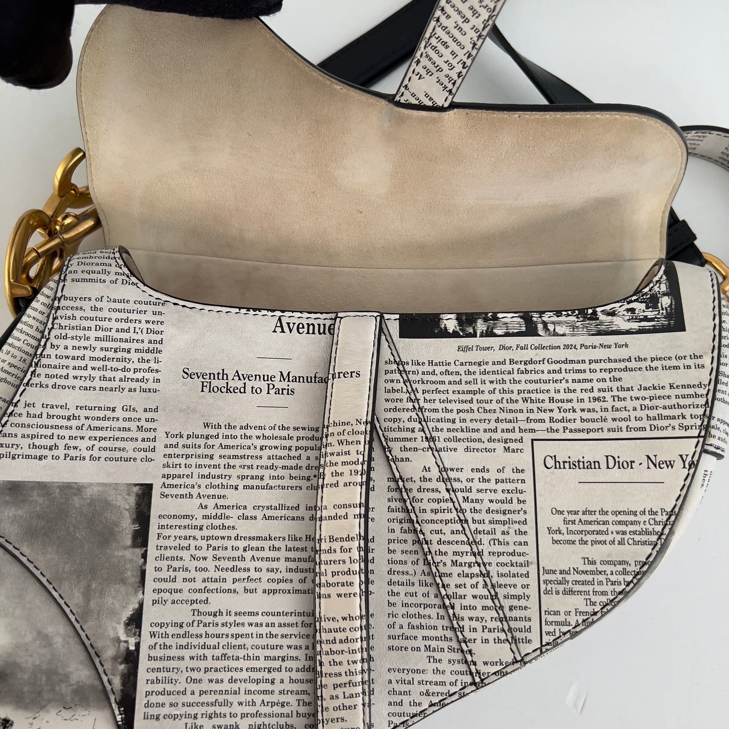 CHRISTIAN DIOR Calfskin Newspaper Printed Saddle Bag With Strap Black White