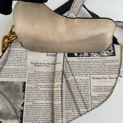 CHRISTIAN DIOR Calfskin Newspaper Printed Saddle Bag With Strap Black White