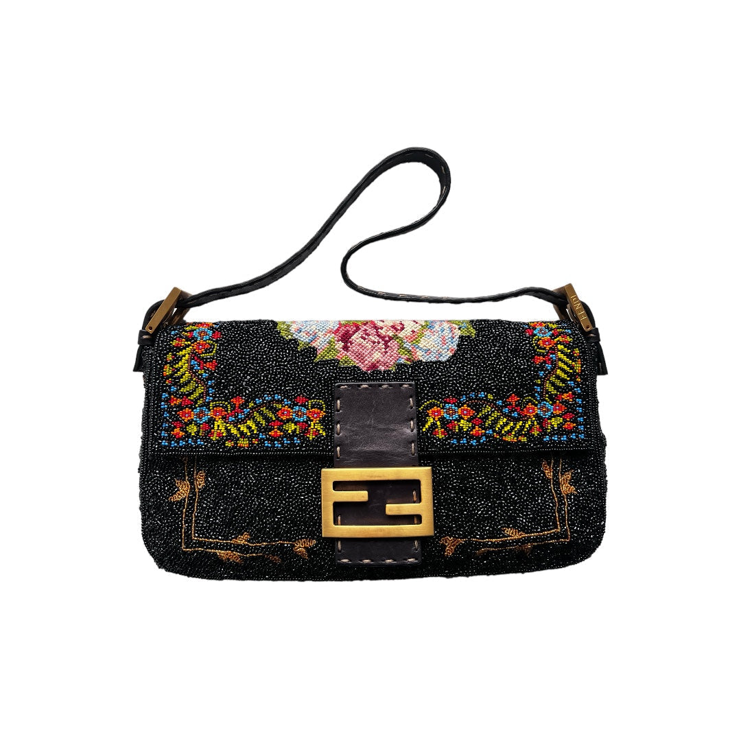 Pre-owned Rare Fendi cross stitch floral pattern beaded baguette