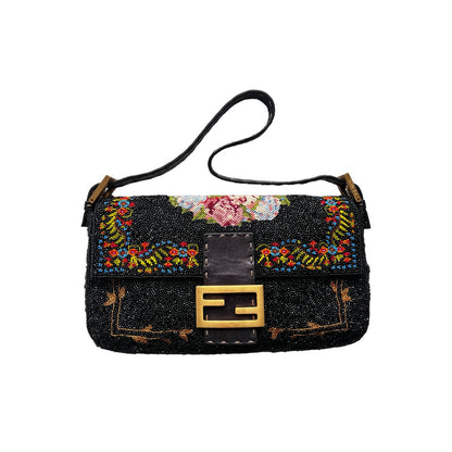 Pre-owned Rare Fendi cross stitch floral pattern beaded baguette