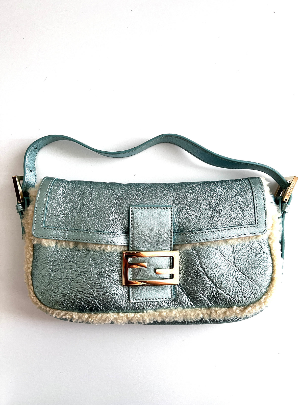 Fendi metallic ice blue shearing baguette