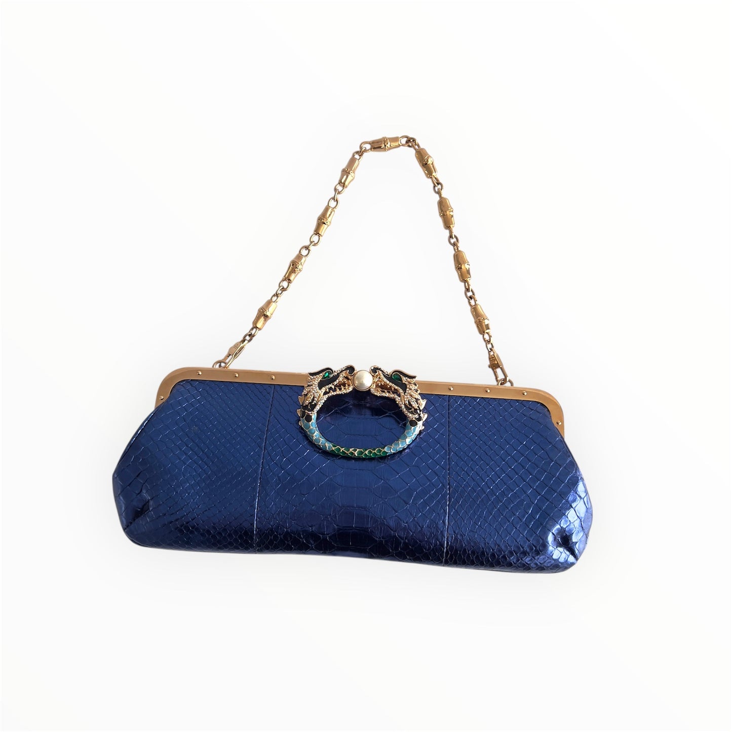 Vintage Gucci Metalic Blue Python Dragon Head Clutch