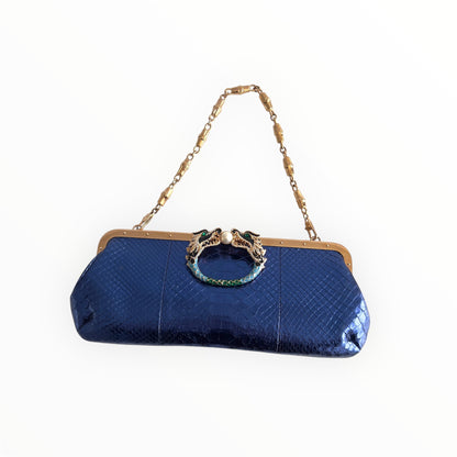 Vintage Gucci Metalic Blue Python Dragon Head Clutch
