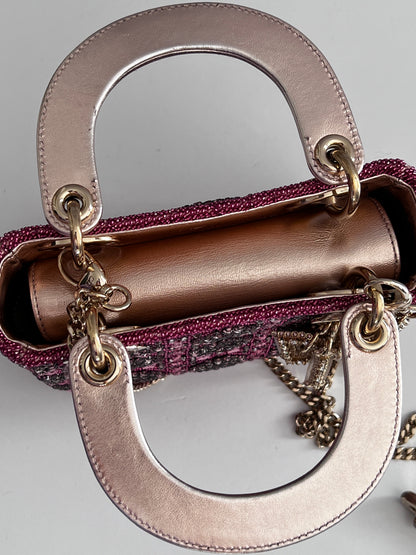 Pre-loved Mini Lady Dior Bag Metallic Lambskin and Rose des Vents Satin Embroidered with Beads