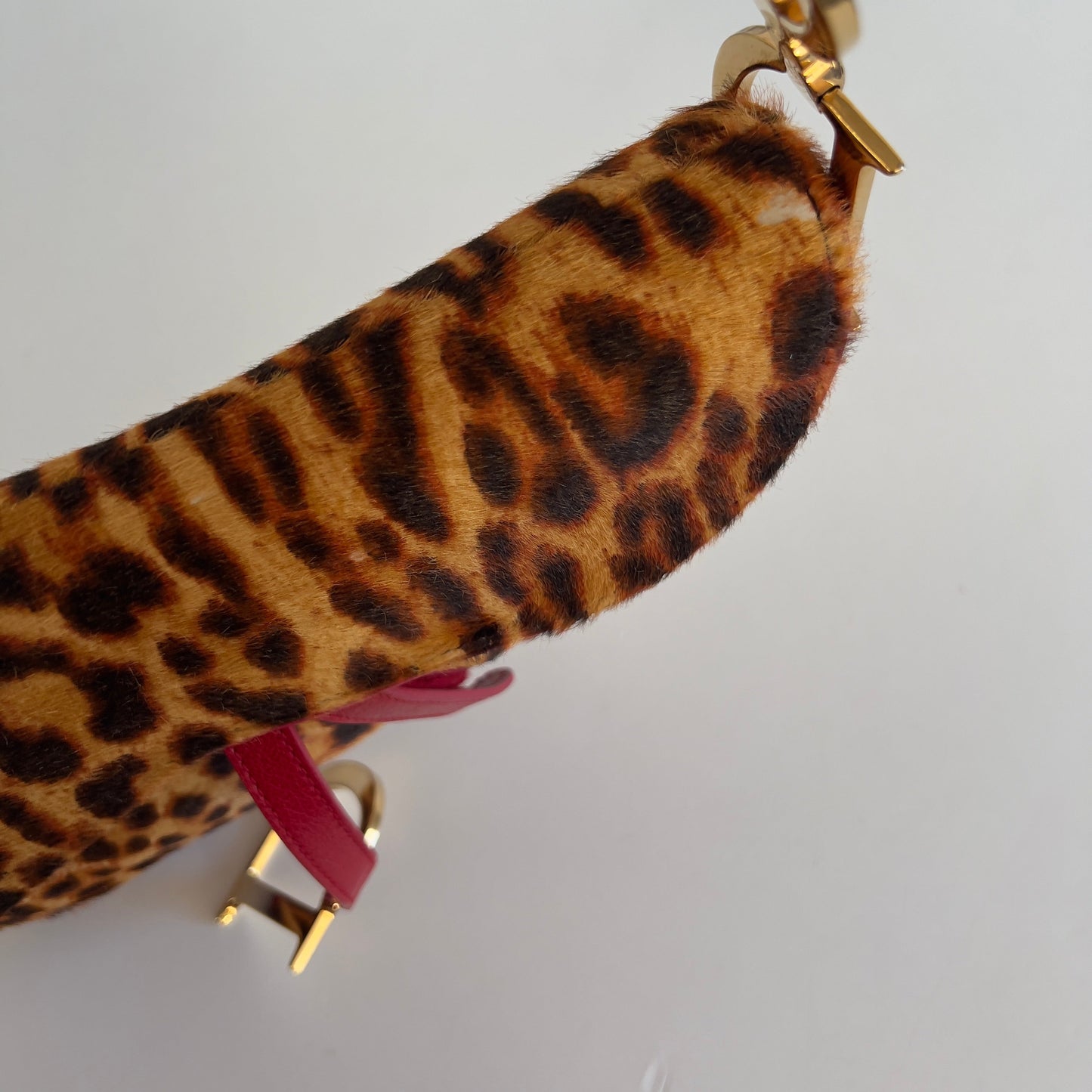 Vintage Christin Dior Pony Hair Leopard Saddle Bag Red