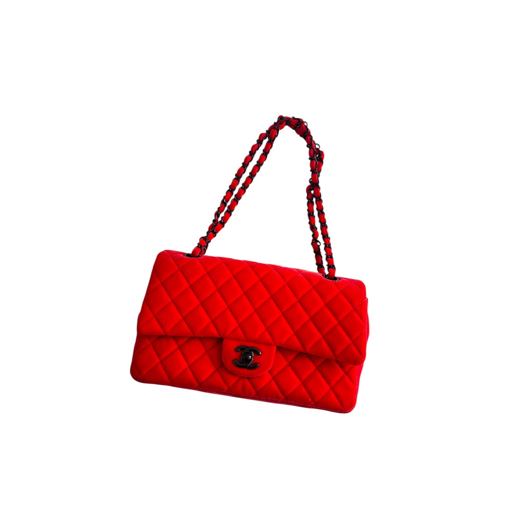 Chanel orange velvet double flap bag medium size