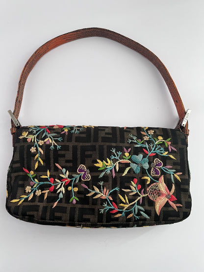 Vintage Fendi embroidered lizard skin trimmed zucca baguette