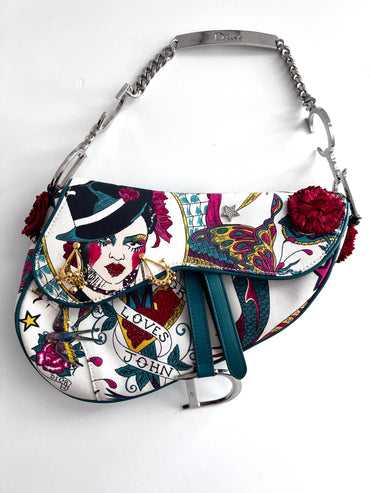 Vintage Dior Limited Edition “John Galliano Loves” Canvas Saddle Bag