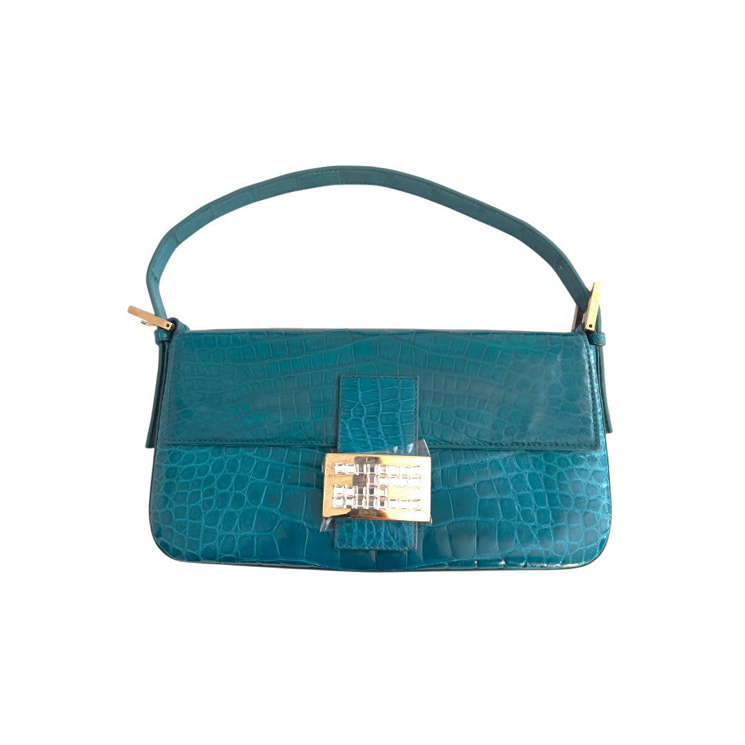 Vintage Blue Crocodile Skin Rhinestone Buckle Baguette