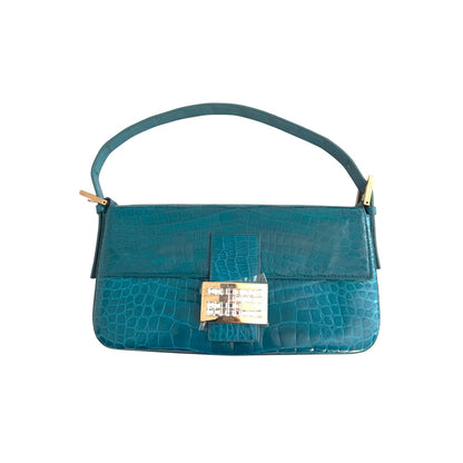 Vintage Blue Crocodile Skin Rhinestone Buckle Baguette