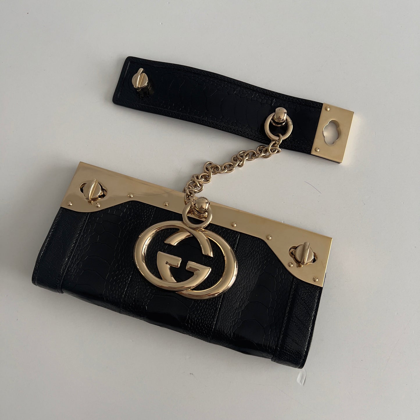 Gucci Britt Bag Black Ostrich Leg GG Cuff Clutch