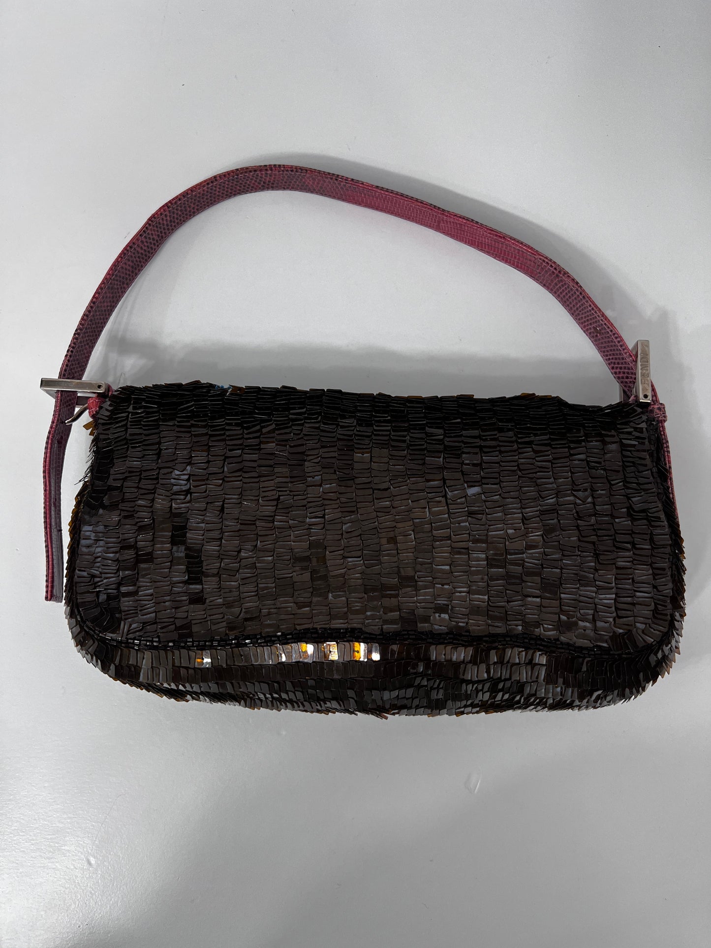 Fendi brown sequin blue stripe baguette
