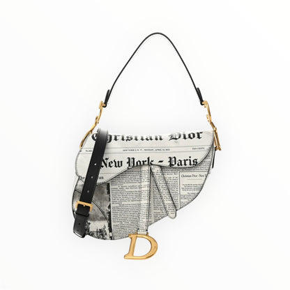 CHRISTIAN DIOR Calfskin Newspaper Printed Saddle Bag With Strap Black White