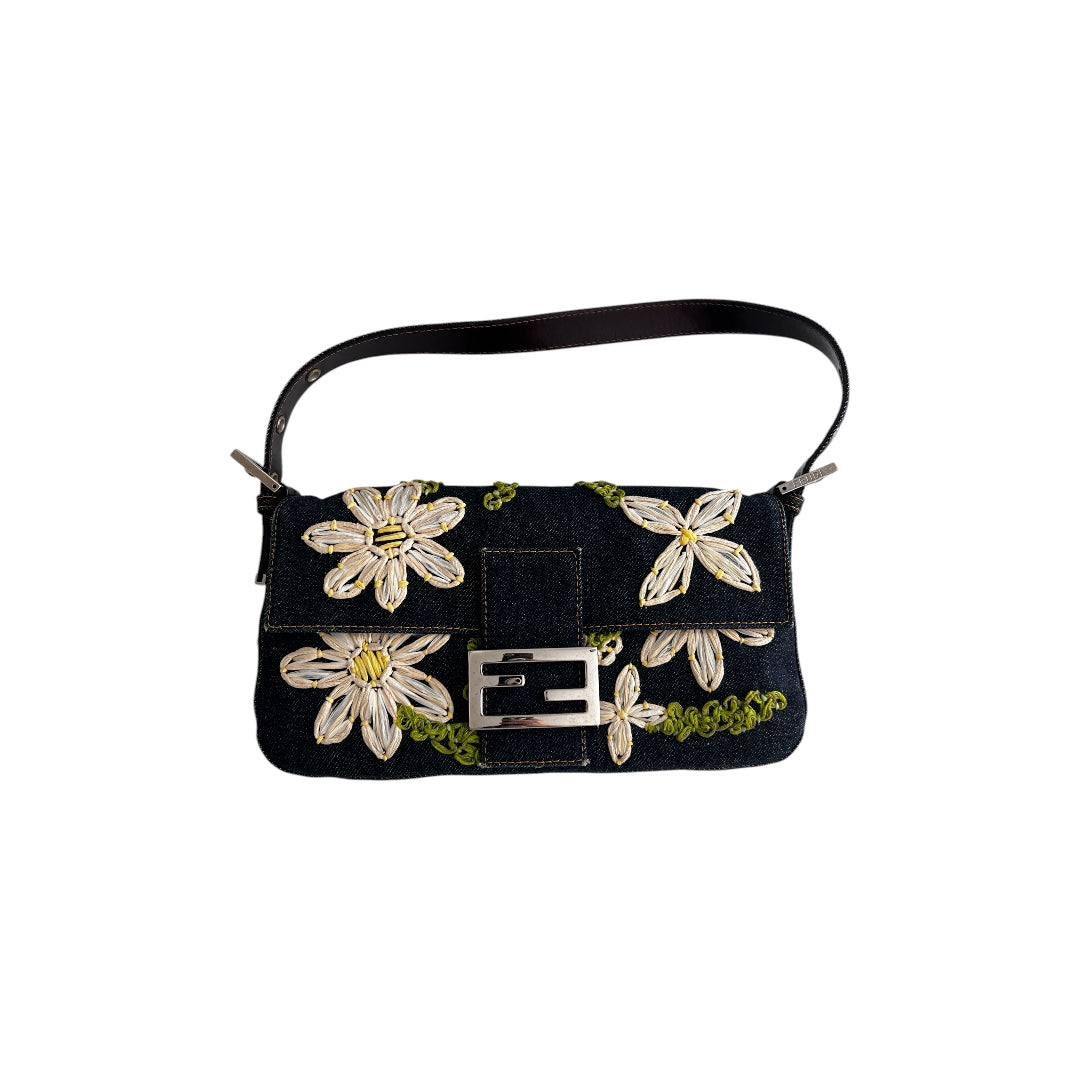 Vintage Fendi raffia raffia embroidered denim baguette