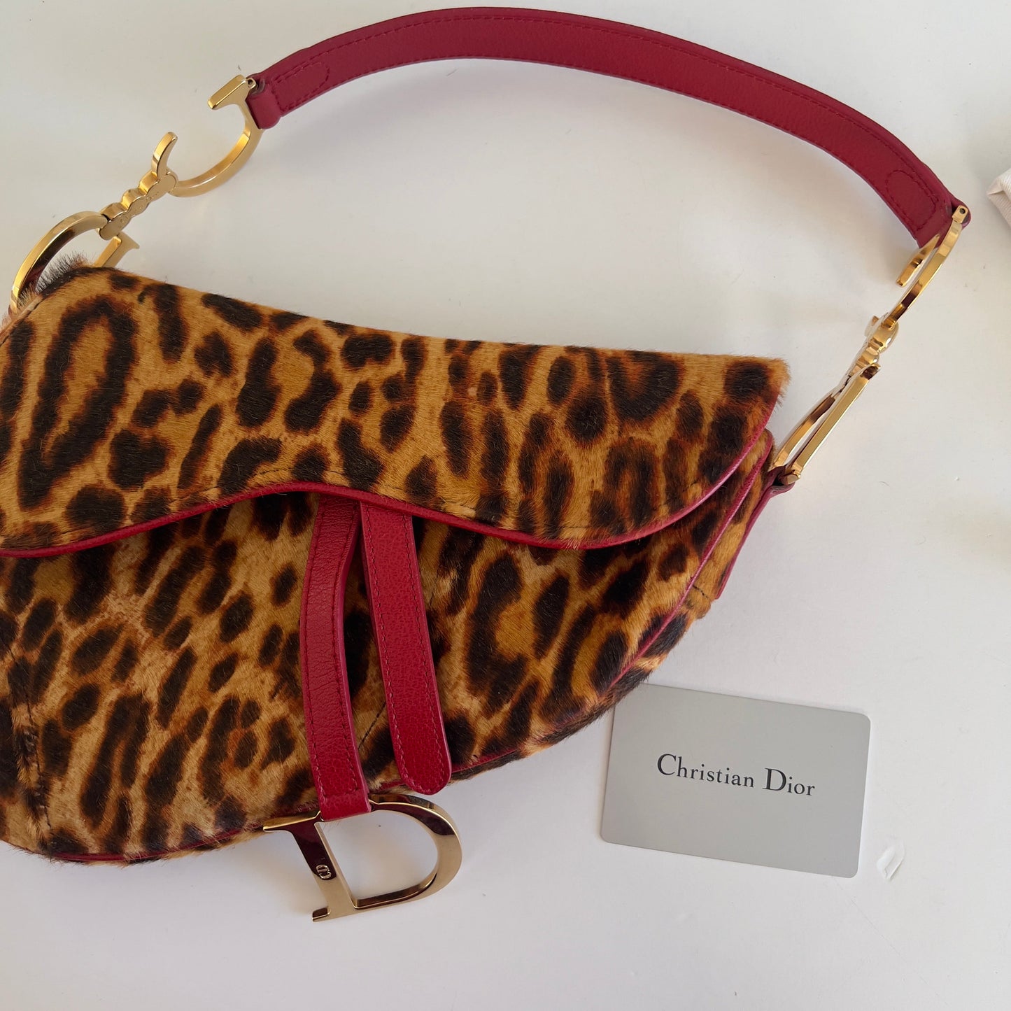 Vintage Christin Dior Pony Hair Leopard Saddle Bag Red