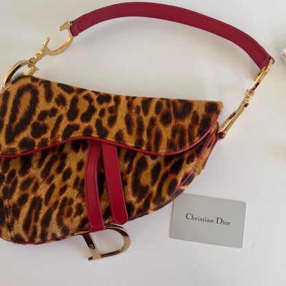 Vintage Christin Dior Pony Hair Leopard Saddle Bag Red