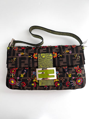 Pre-Owned Fendi floral beaded zucca baguette