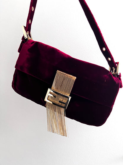 Vintage Fendi red velvet fringe baguette