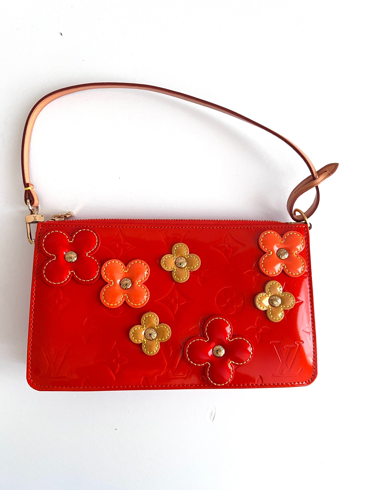 NWOT！Louis Vuitton Orange Sunset Monogram Vernis Lexington Fleurs Pochette Bag