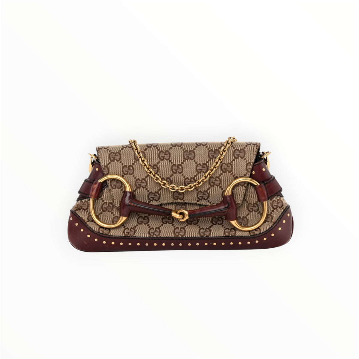 A-GUCCI Monogram Studded Small Horsebit Clutch Bordeaux