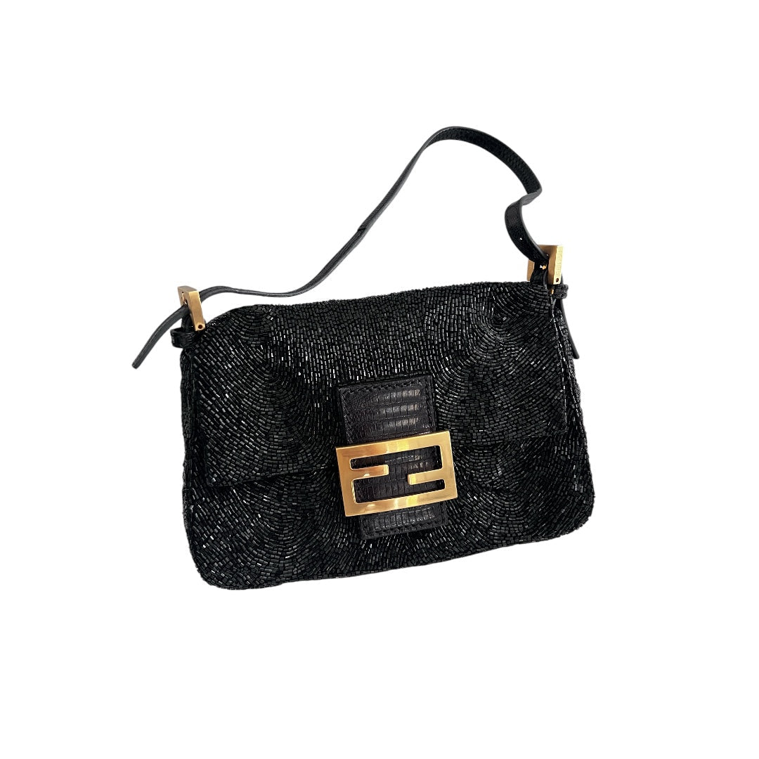 Fendi black beaded mini mamma baguette lizard skin trimmed