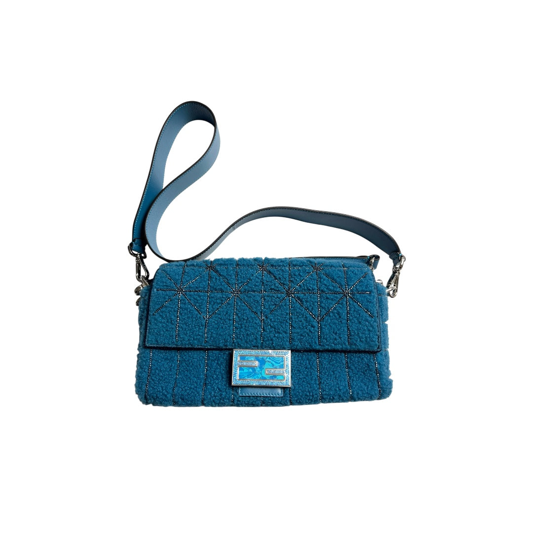 Fendi Baguette blue shearling silver hardware shoulder bag