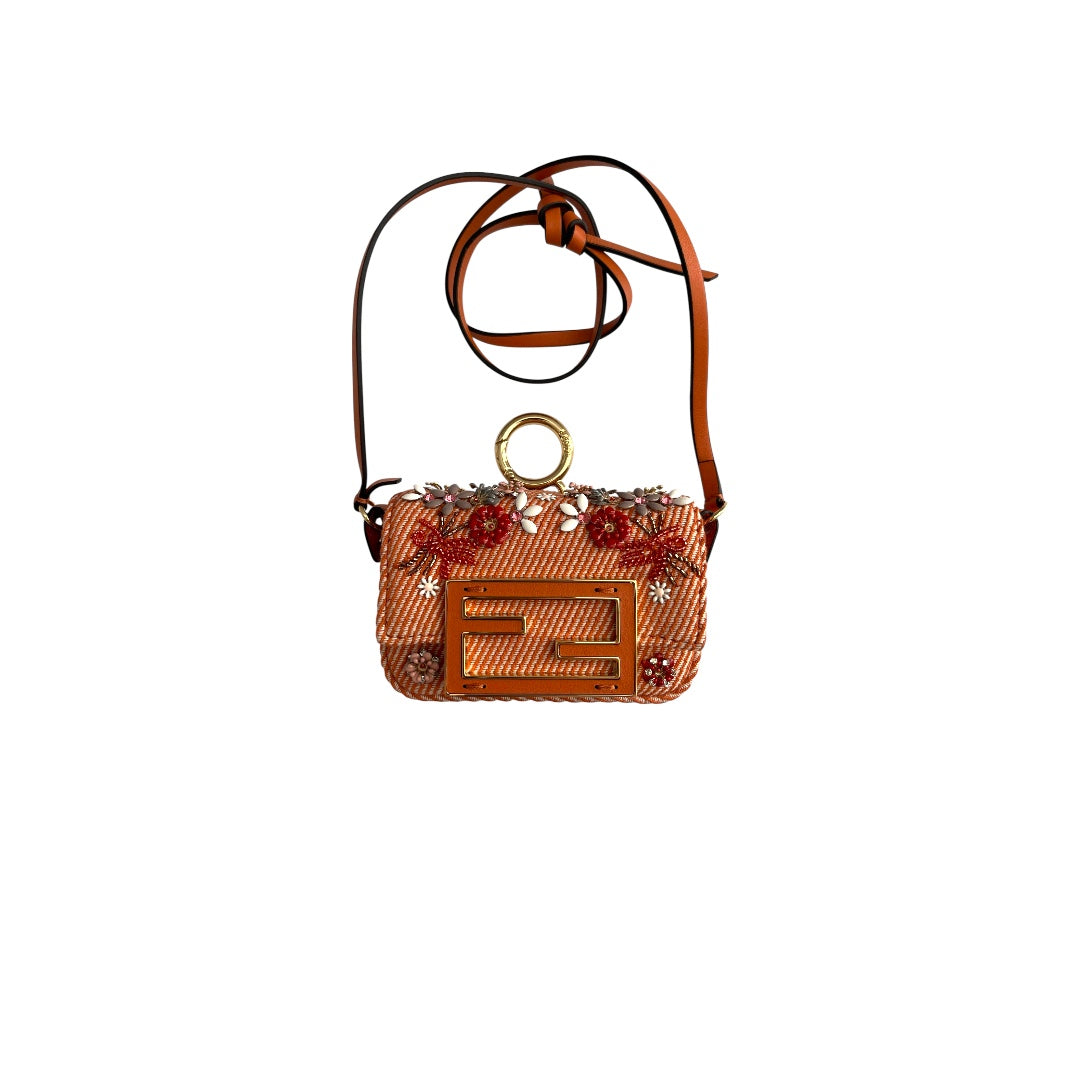 Fendi Baguette nano orange denim beaded shoulder bag